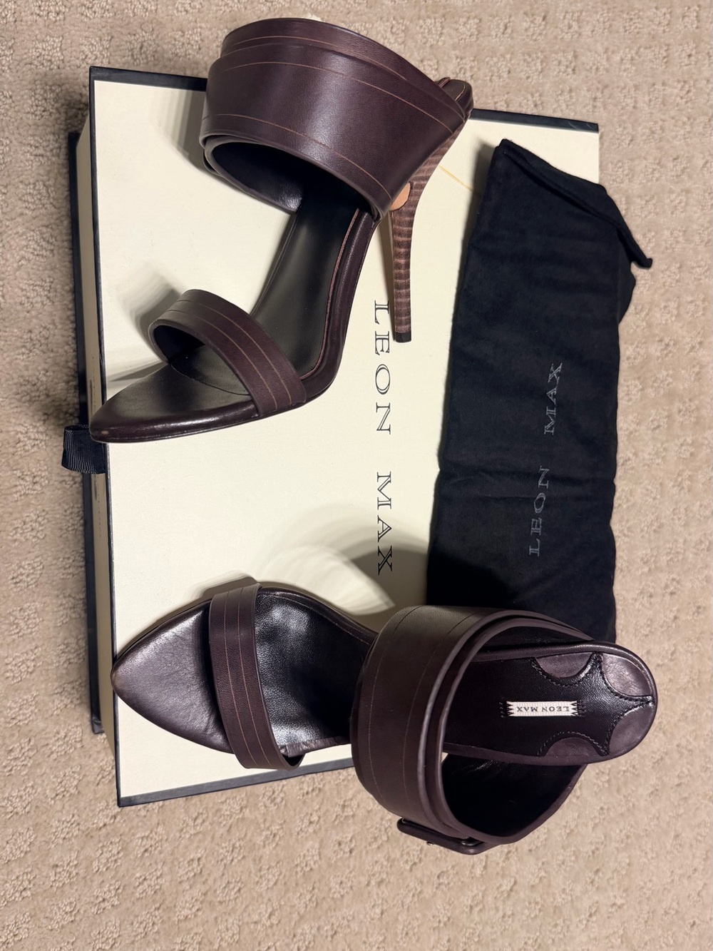 Leon Max Piaget Stiletto Heel Ankle Strap Sandals Dark Brown Burnished Calf 6.5